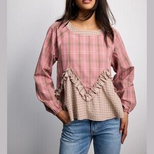 Pink / Green Plaid Ruffle Trim Long Sleeve Blouse with Round Neck
